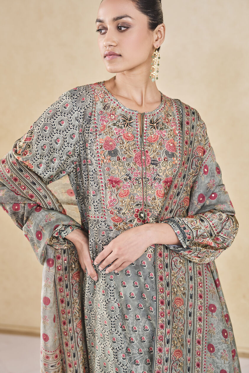 Demoiselle Printed Sequin Silk Suit Set - Sage, Sage, image 3